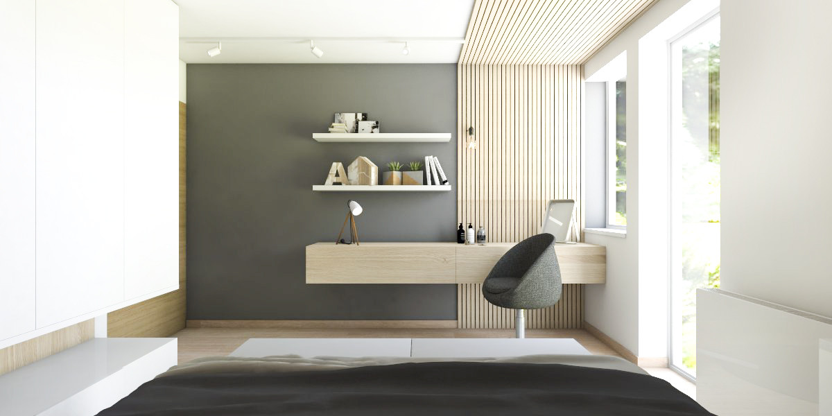 Sypialnia z drewnianym biurkiem zaprojektowanym wedle swojego pomysłu