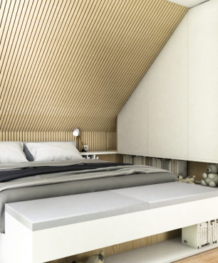 Projekt sypialni z łóżkiem kontynentalnym i z lamelem drewnianym na suficie