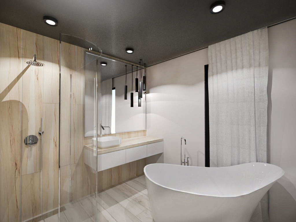 Łazienka z wanną i prysznicem oraz z imitacją drewnianych płytek na ścianie i podłodze