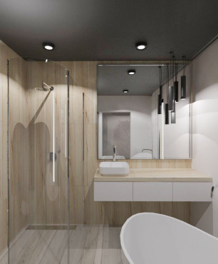 Projekt łazienki z wiszącą szafką z drewnianym blatem oraz zlewem nablatowym