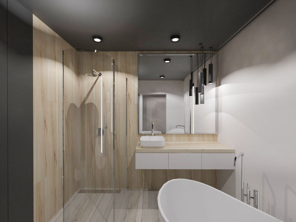 Projekt łazienki z wiszącą szafką z drewnianym blatem oraz zlewem nablatowym
