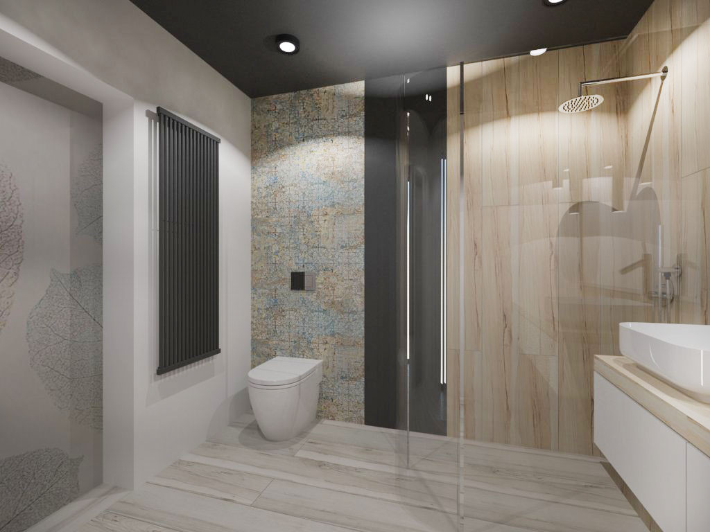Łazienka w kolorach ziemi z prysznicem oraz srebrnym natryskiem podtynkowym