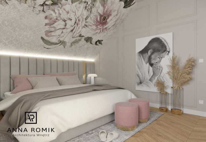 Projekt sypialni z łóżkiem tapicerowanym oraz z tapetą w kwiaty na ścianie