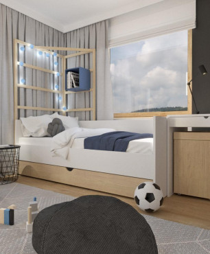 Pokój piłkarza z drewnianym łóżkiem z pojemnikiem na pościel