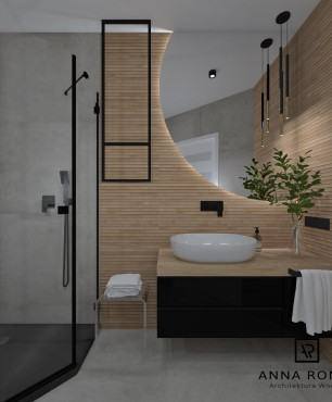 Projekt łazienki z szarymi płytkami na podłodze i ścianie