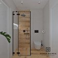 Projekt łazienki z imitacją  drewnianych płytek na ścianie i podłodze