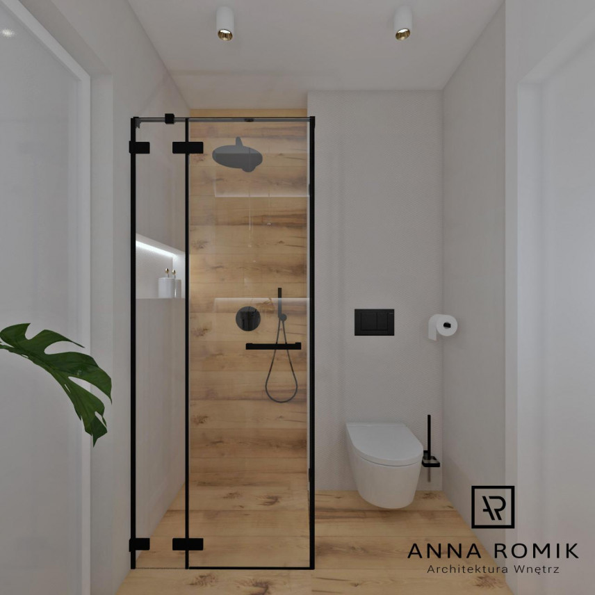 Projekt łazienki z imitacją  drewnianych płytek na ścianie i podłodze