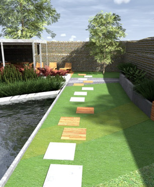 Ogród i basen przy domu jednorodzinnym