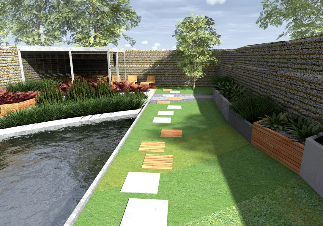 Ogród i basen przy domu jednorodzinnym