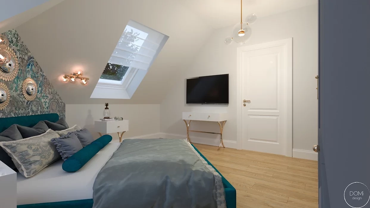 Sypialnia na poddaszu z zielonym łóżkiem kontynentalnym i telewizorem na ścianie