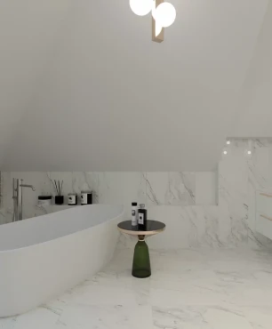 Projekt dużej łazienki na poddaszu z owalną wanną ceramiczną