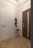 Wejście do mieszkania z frontem drzwi w kolorze orzechowym