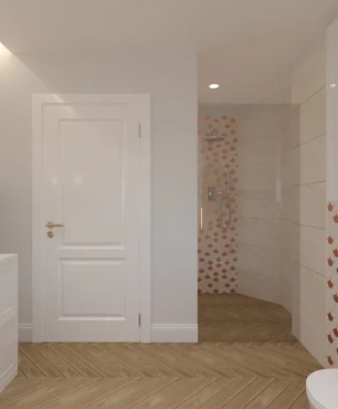 Łazienka z prysznicem, białą szafką wiszącą oraz lustrem okrągłym