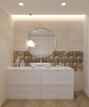 Projekt łazienki z białą szafką stojącą oraz owalnym zlewem stojącym