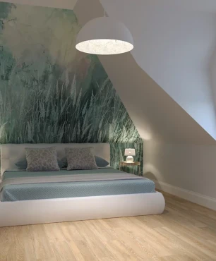 Projekt sypialni na poddaszu z tapetą na ścianie z motywem łąki