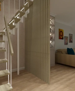 Drewniane schody półkowe z podświetleniem Led w domu jednorodzinnym