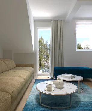 Salon z beżową sofą oraz niebieskim dywanem