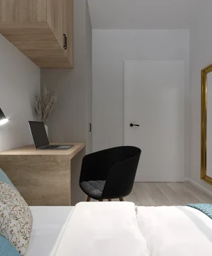 Projekt sypialni z biurkiem, łóżkiem, lustrem oraz szafą