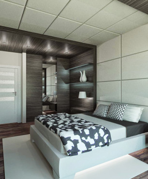 Sypialnia z tapicerowanym łóżkiem kontynentalnym w kolorze szarym