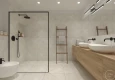 Projekt dużej łazienki z prysznicem walk-in oraz czarnym natryskiem podtynkowym