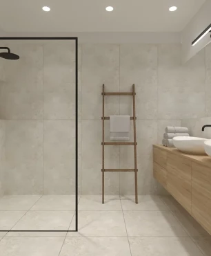 Projekt dużej łazienki z prysznicem walk-in oraz czarnym natryskiem podtynkowym
