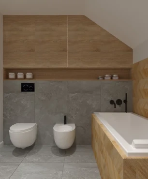 Projekt łazienki w szaro-drewnianej oprawie  oraz wanną w zabudowie