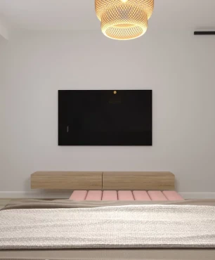 Klasyczna sypialnia z białymi ścianami oraz z lamelem drewnianym na ścianie