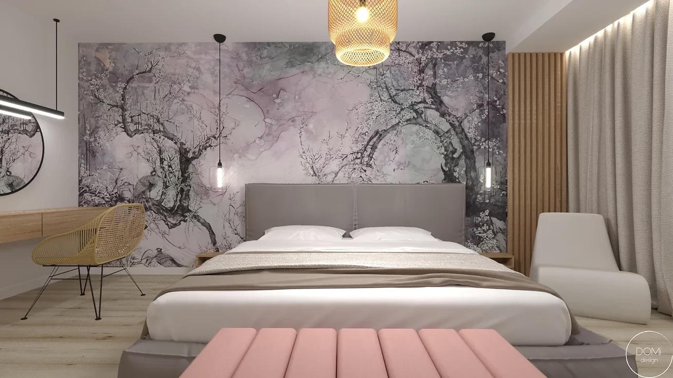 Projekt sypialni z tapetą na ścianie oraz ażurową lampą wiszącą