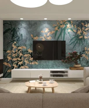 Salon z kolorową tapetą na ścianie oraz kominkiem narożnym