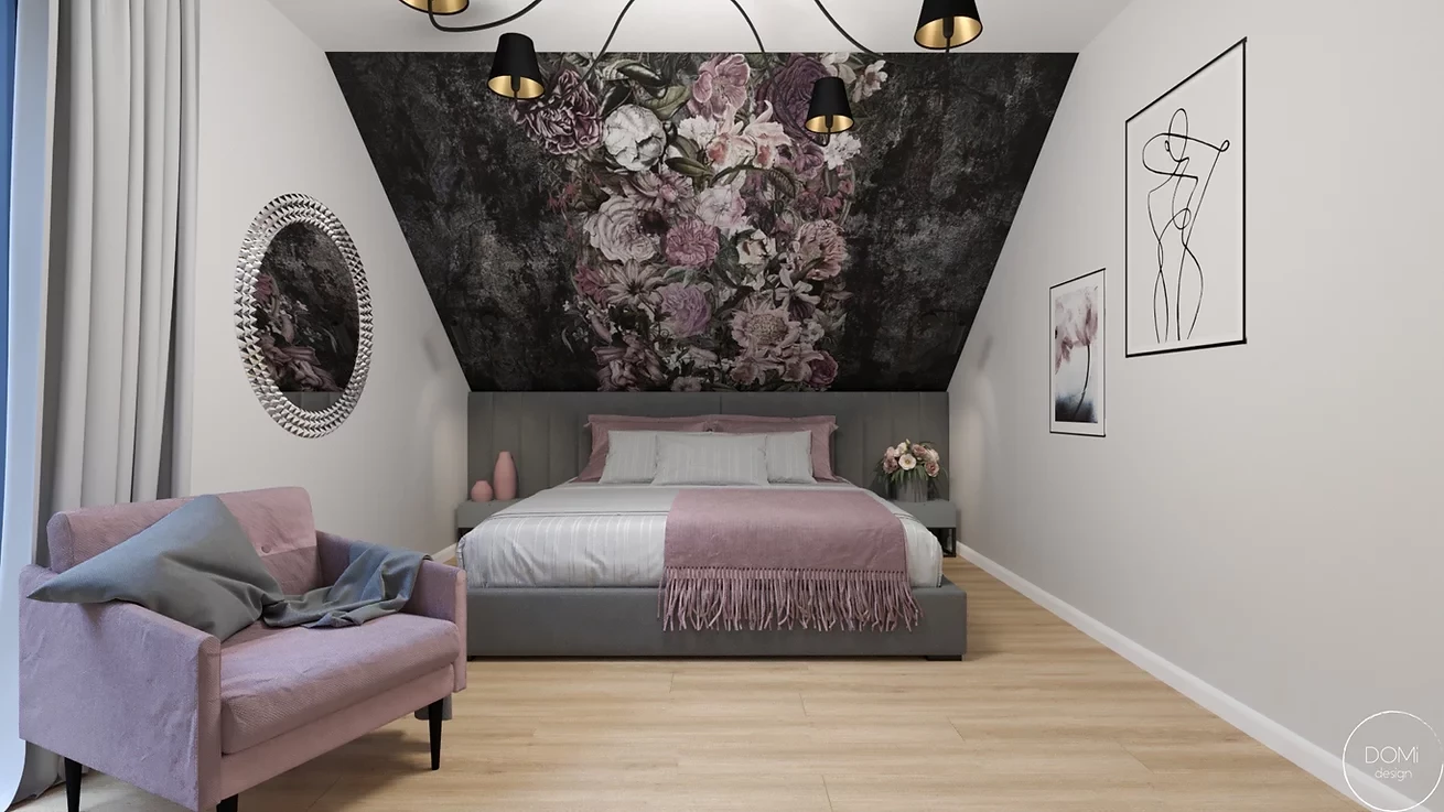 Oryginalny projekt sypialni z tapetą w kwiaty na skoście sufitowym