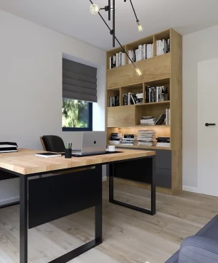 Domowe biuro z oknem oraz stołem w stylu loft