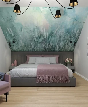 Sypialnia z fioletowym fotelem