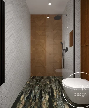 Projekt łazienki z prysznicem walk-in oraz z imitacją drewna na ścianie