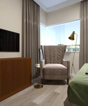 Projekt sypialni z oknem narożnym oraz drewnianą komodą