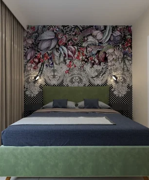 Projekt sypialni z zielonym łóżkiem, tapicerowanym kontynentalnym