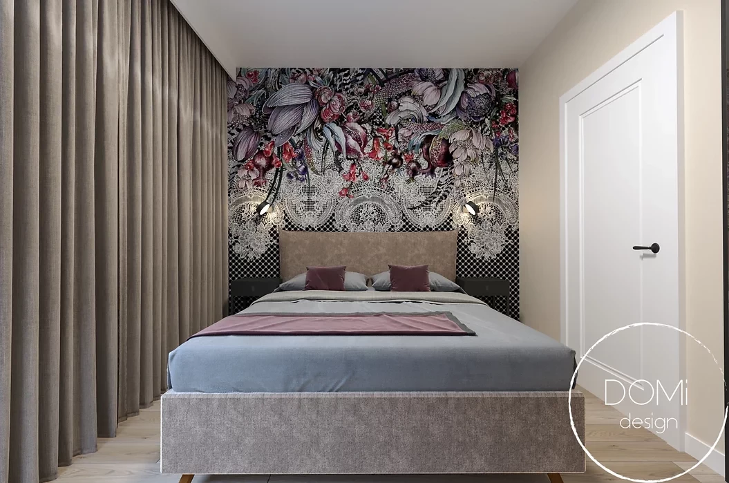 Projekt sypialni z szarym, tapicerowanym łóżkiem kontynentalnym