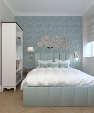 Projekt sypialni z tapetą w kolorze błękitnym