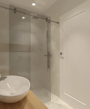 Projekt łazienki z prysznicem z drzwiami przesuwnymi ze szkła