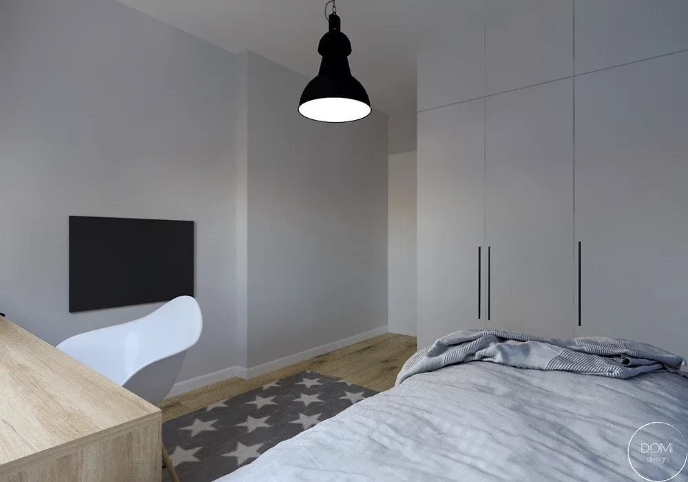 Projekt sypialni z szafą z białym frontem w zabudowie oraz z telewizorem na ścianie