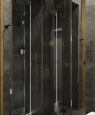 Projekt łazienki z prysznicem oraz z ciemnymi płytkami na podłodze i ścianie