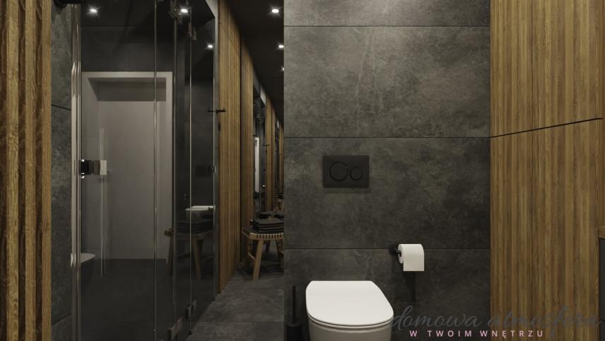 Projekt łazienki z szarymi, dużymi gresowymi płytkami na ścianie oraz z białą muszlą wiszącą