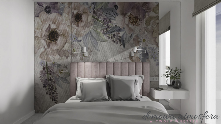 Projekt pięknej kobiecej sypialni z tapetą w kwiaty na ścianie