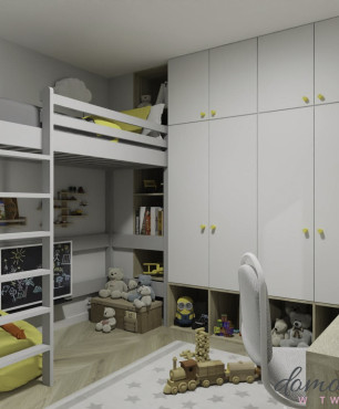 Projekt pokoju dziecięcego z łóżkiem piętrowym, szafą w zabudowie oraz biurkiem