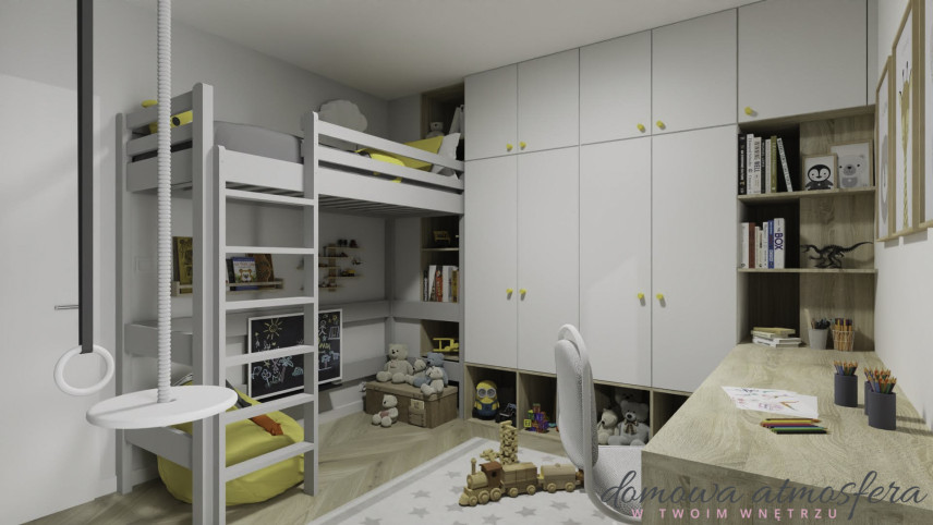 Projekt pokoju dziecięcego z łóżkiem piętrowym, szafą w zabudowie oraz biurkiem