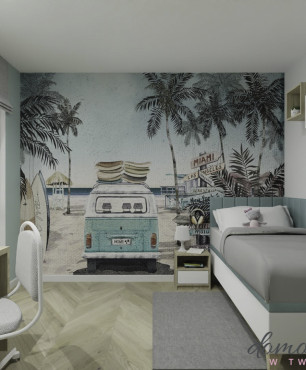 Projekt pokoju młodzieżowego z pojedynczym łóżkiem oraz turkusowym panelem tapicerowanym