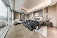Projekt sypialni z drewnianą podłogą i jasnym dywanem