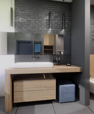 Projekt łazienki z wanną, drewnianą szafką stojącą, bidetem i muszlą wiszącą