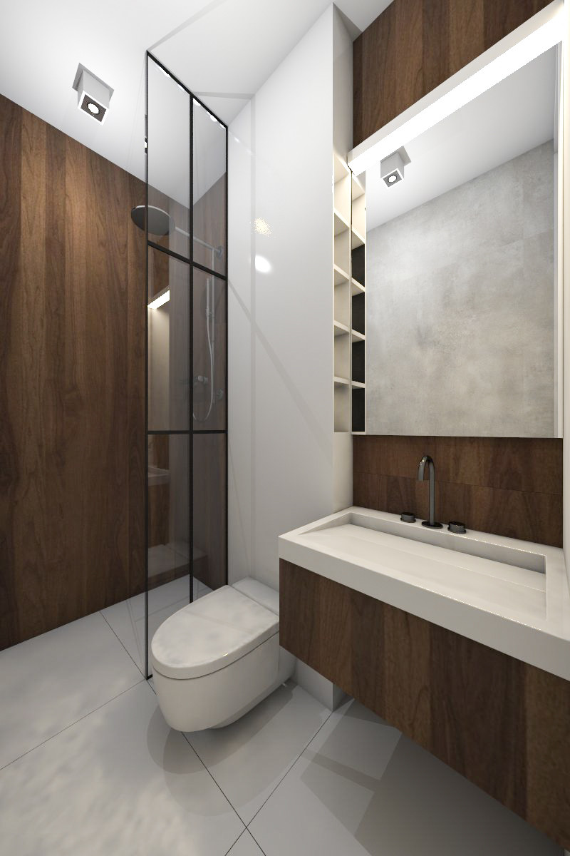 Łazienka z prysznicem walk - in oraz ze ścianą z imitacją drewna