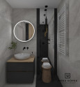 Projekt łazienki z małą, szarą szafką wisząca z drewnianym blatem
