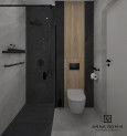 Projekt łazienki z prysznicem oraz z jasnymi i ciemnymi płytkami w kolorze szarym
